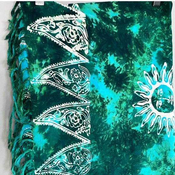 Vintage Turquoise Blue Green Sarong Pareo Wrap Coverup Travel Bohemian Hippie - Picture 3 of 9
